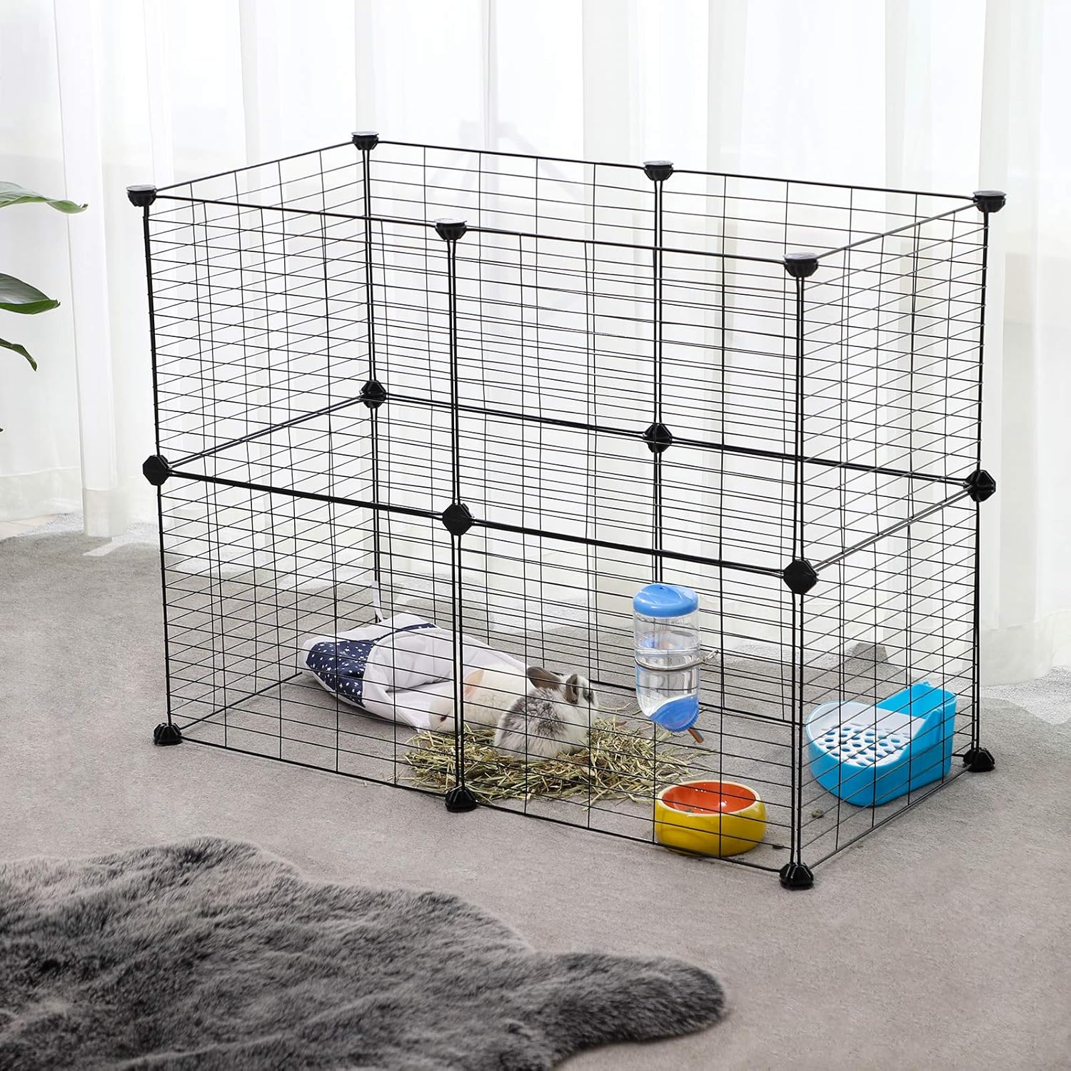 Guinea Pig Cage – Metal – Black – Modular 12-Panel Indoor Playpen with Assembly Tools