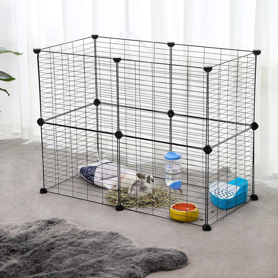 Guinea Pig Cage – Metal – Black – Modular 12-Panel Indoor Playpen with Assembly Tools