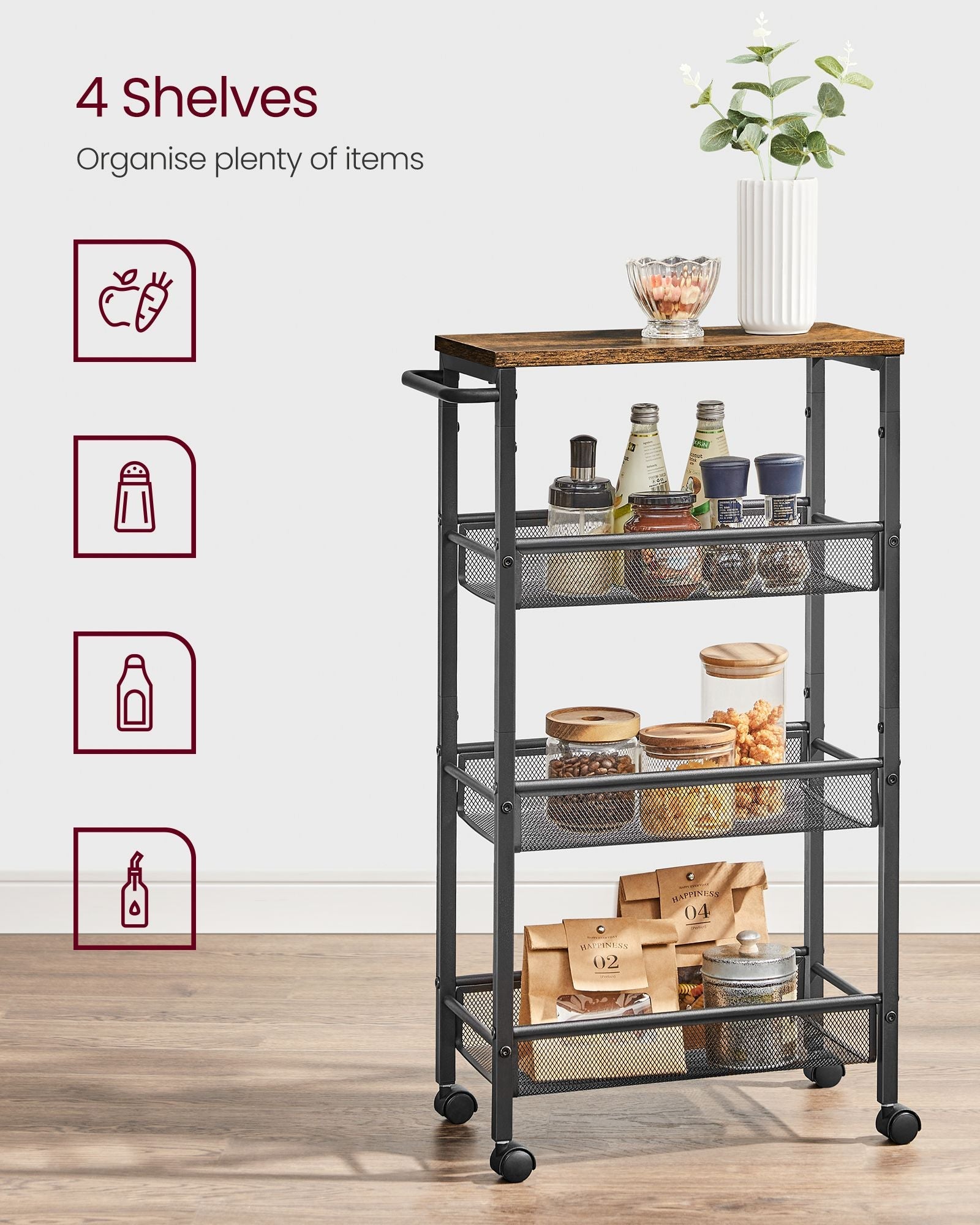 Kitchen Cart Trolley – Steel Frame – Black – Space-Saving with Wheels