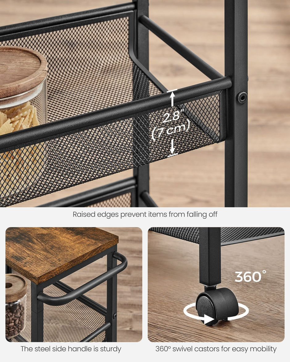 Kitchen Cart Trolley – Steel Frame – Black – Space-Saving with Wheels