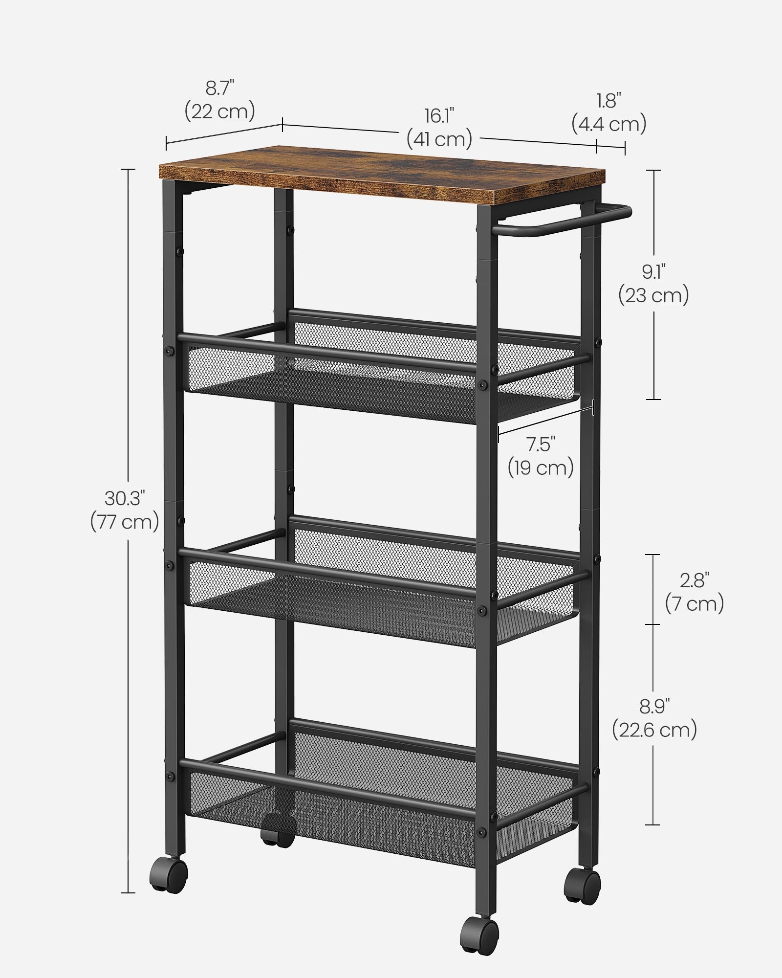 Kitchen Cart Trolley – Steel Frame – Black – Space-Saving with Wheels