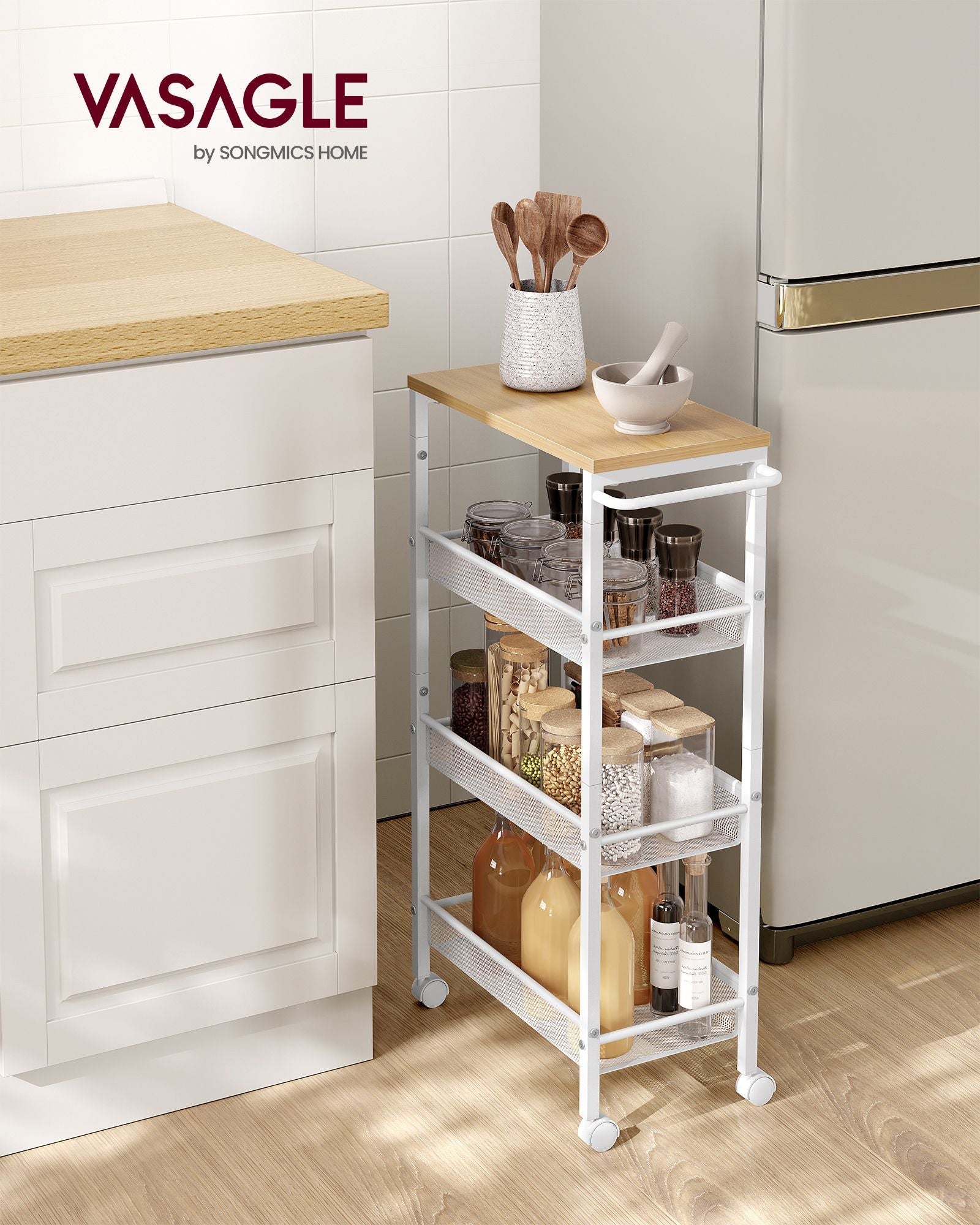 Kitchen Cart – Steel – Black – Space-Saving with Wheels and Handle