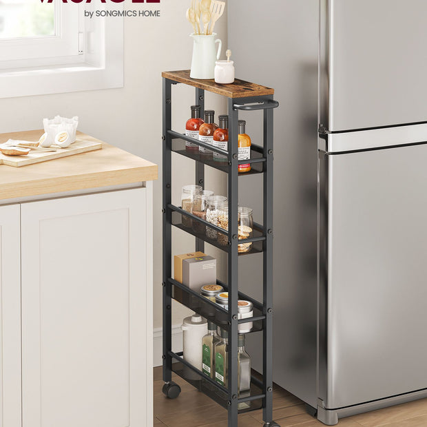 5-Shelf Trolley – Steel – Rustic Brown and Black – Space-Saving with Castors