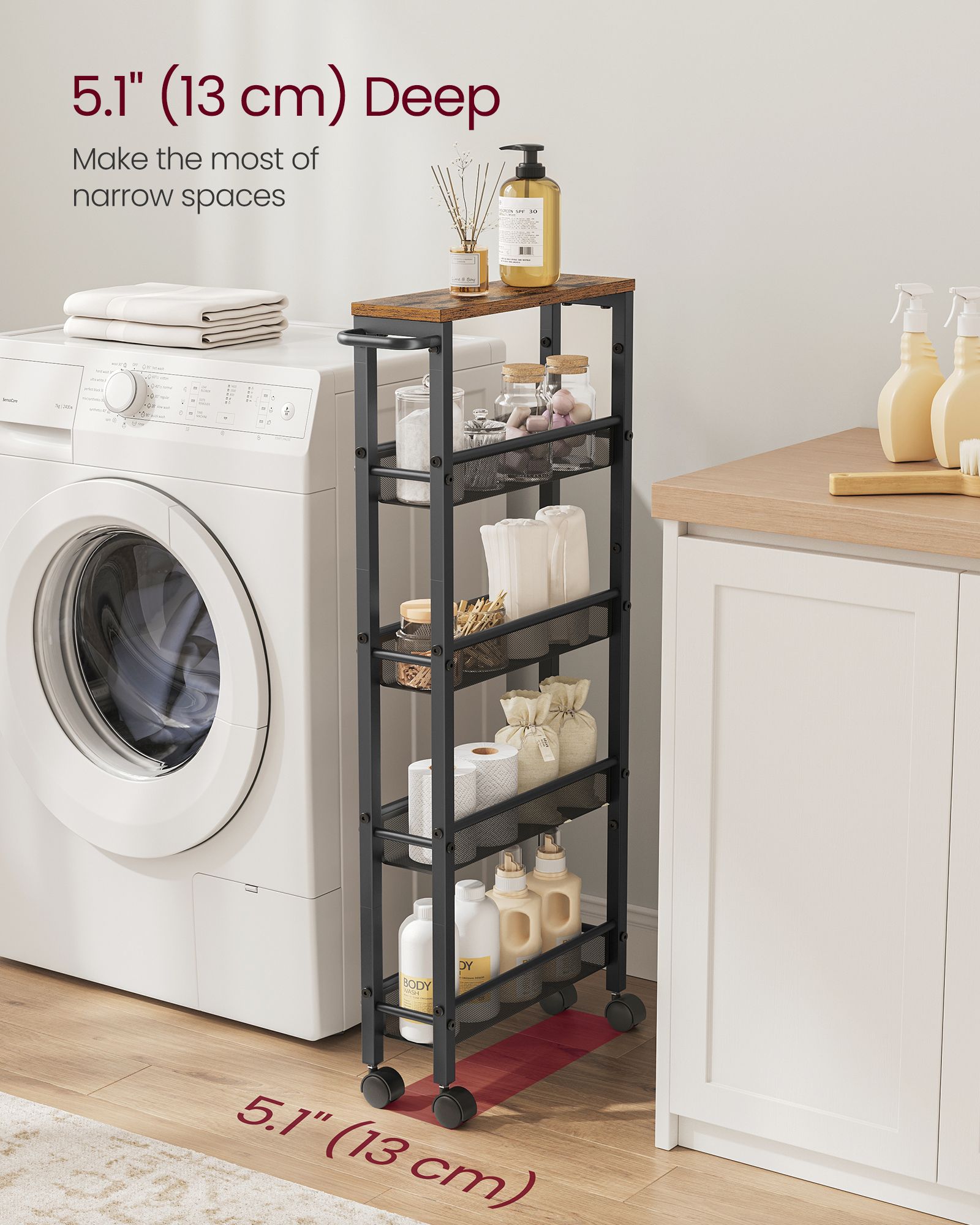 5-Shelf Trolley – Steel – Rustic Brown and Black – Space-Saving with Castors