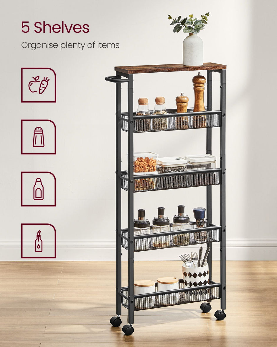 5-Shelf Trolley – Steel – Rustic Brown and Black – Space-Saving with Castors