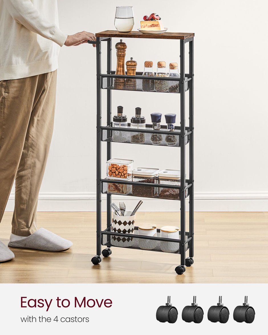 5-Shelf Trolley – Steel – Rustic Brown and Black – Space-Saving with Castors