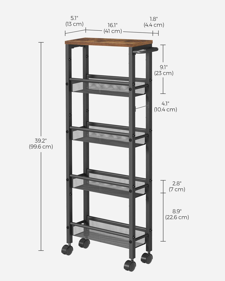 5-Shelf Trolley – Steel – Rustic Brown and Black – Space-Saving with Castors