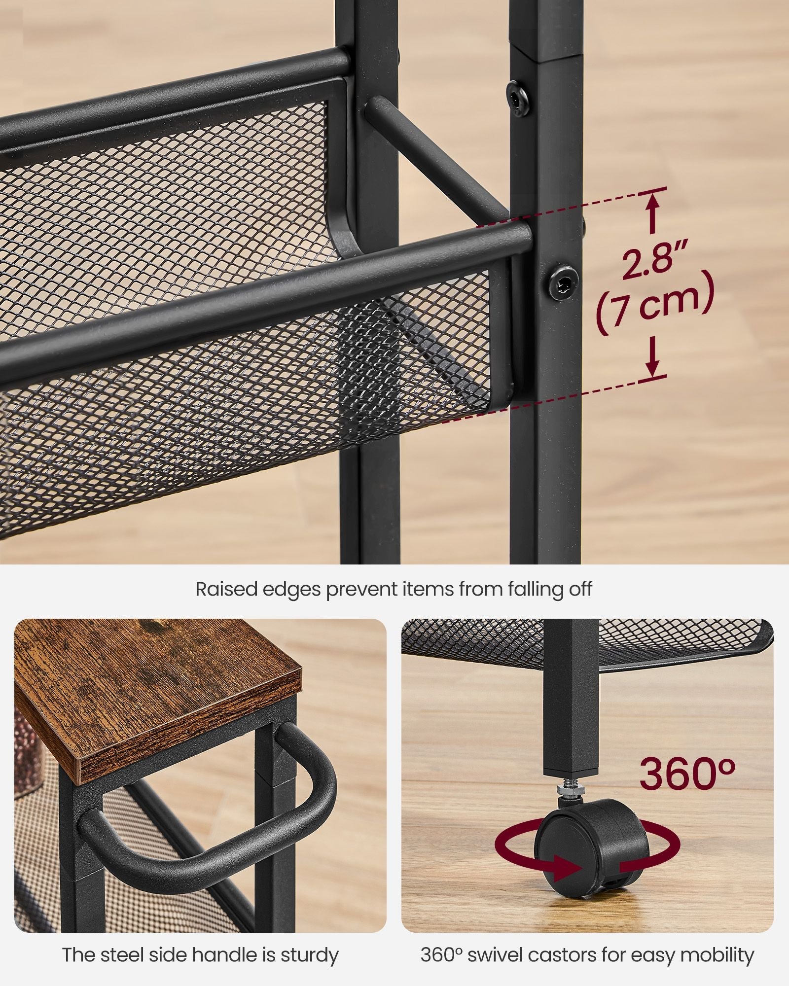 5-Shelf Trolley – Steel – Rustic Brown and Black – Space-Saving with Castors