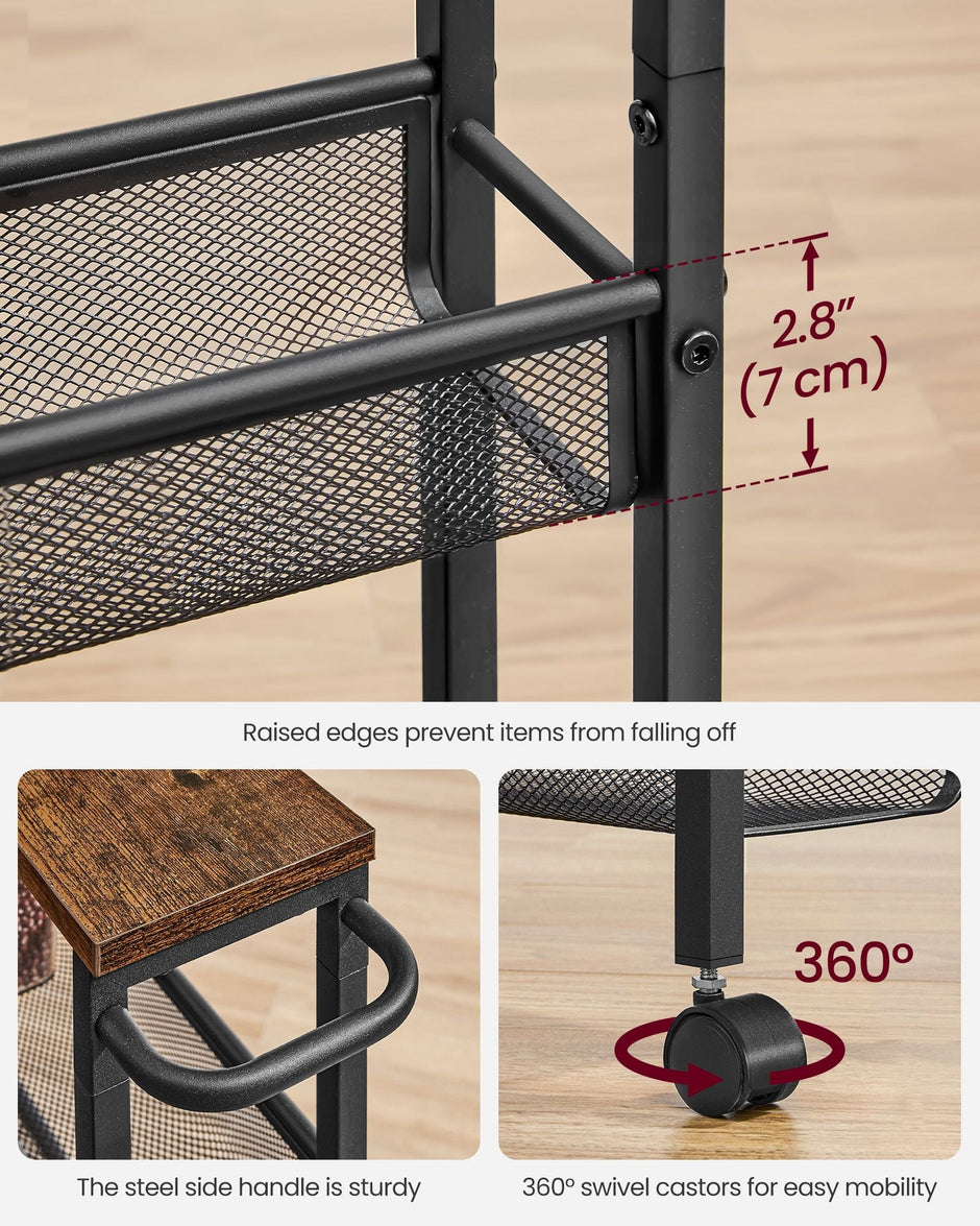 5-Shelf Trolley – Steel – Rustic Brown and Black – Space-Saving with Castors