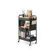 3-Tier Storage Trolley – Metal – Ink Black – Rolling Cart with Table Top and Removable Hanging Cups