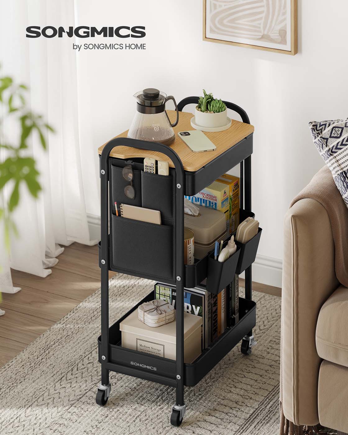 3-Tier Storage Trolley – Metal – Ink Black – Rolling Cart with Table Top and Removable Hanging Cups