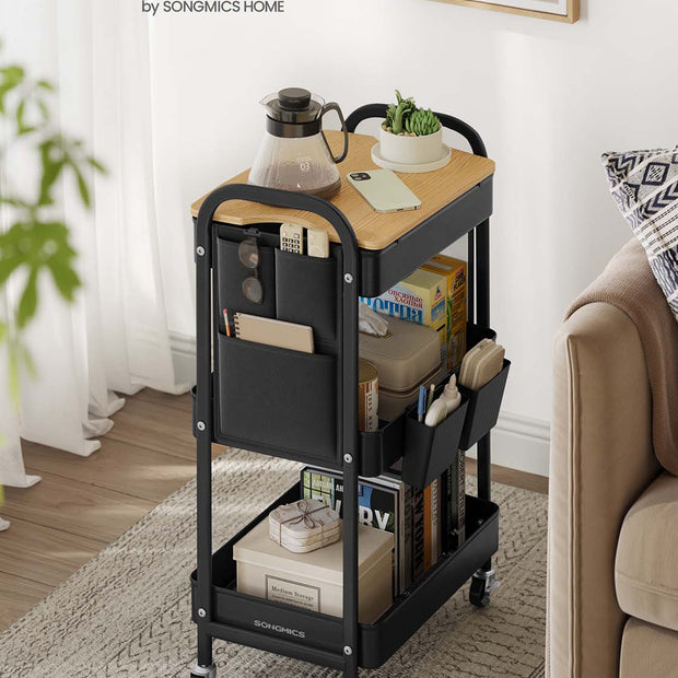 3-Tier Storage Trolley – Metal – Ink Black – Rolling Cart with Table Top and Removable Hanging Cups