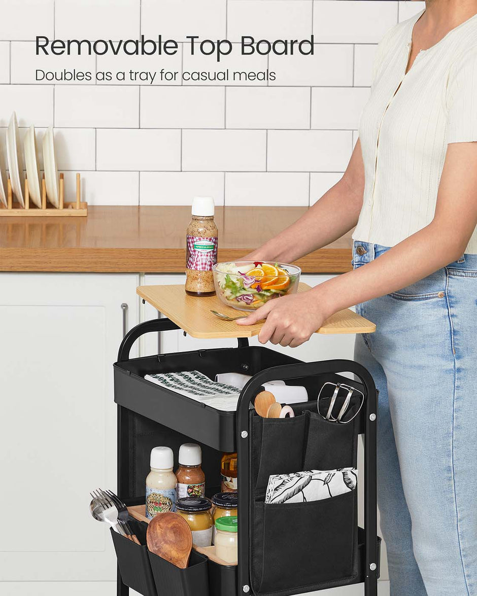 3-Tier Storage Trolley – Metal – Ink Black – Rolling Cart with Table Top and Removable Hanging Cups