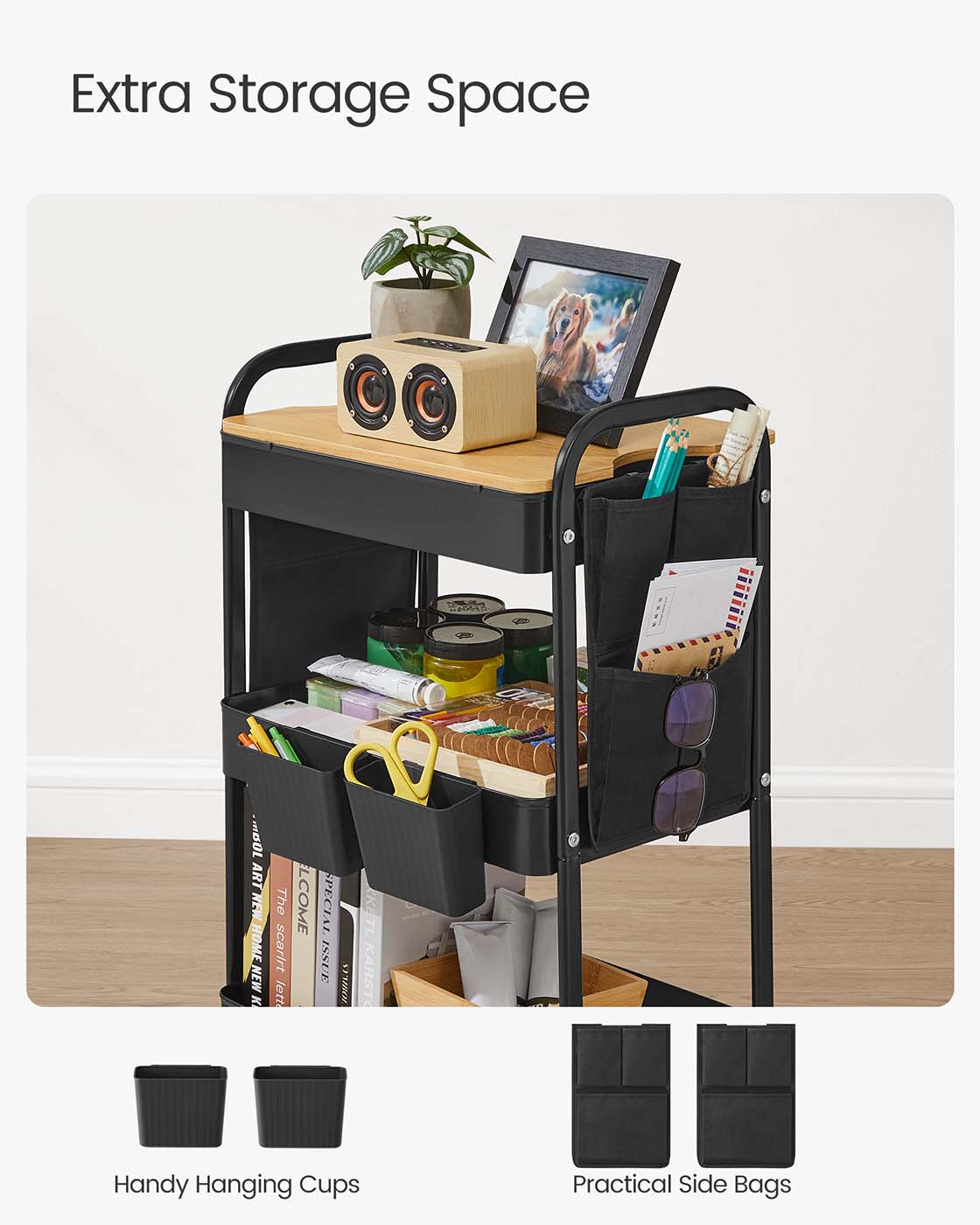 3-Tier Storage Trolley – Metal – Ink Black – Rolling Cart with Table Top and Removable Hanging Cups