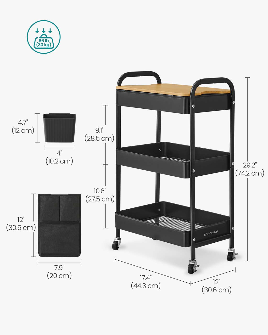 3-Tier Storage Trolley – Metal – Ink Black – Rolling Cart with Table Top and Removable Hanging Cups