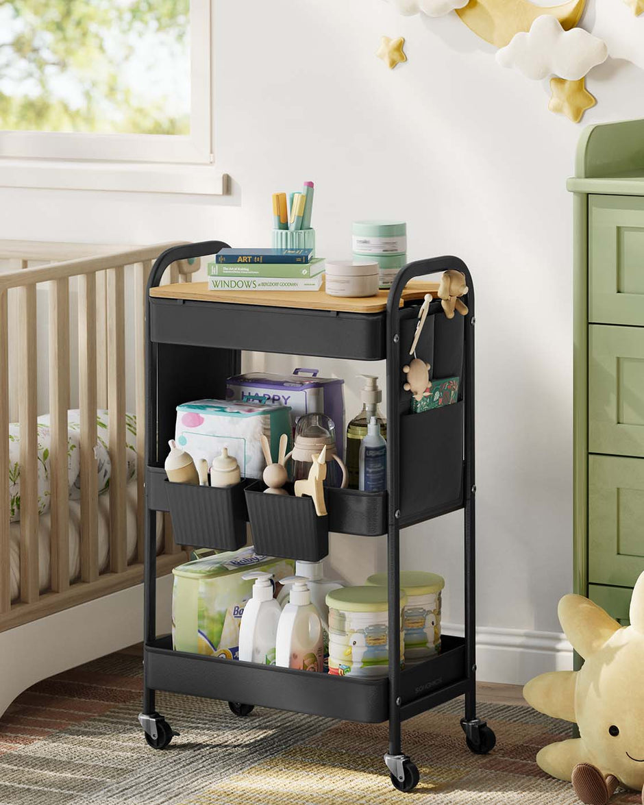 3-Tier Storage Trolley – Metal – Ink Black – Rolling Cart with Table Top and Removable Hanging Cups