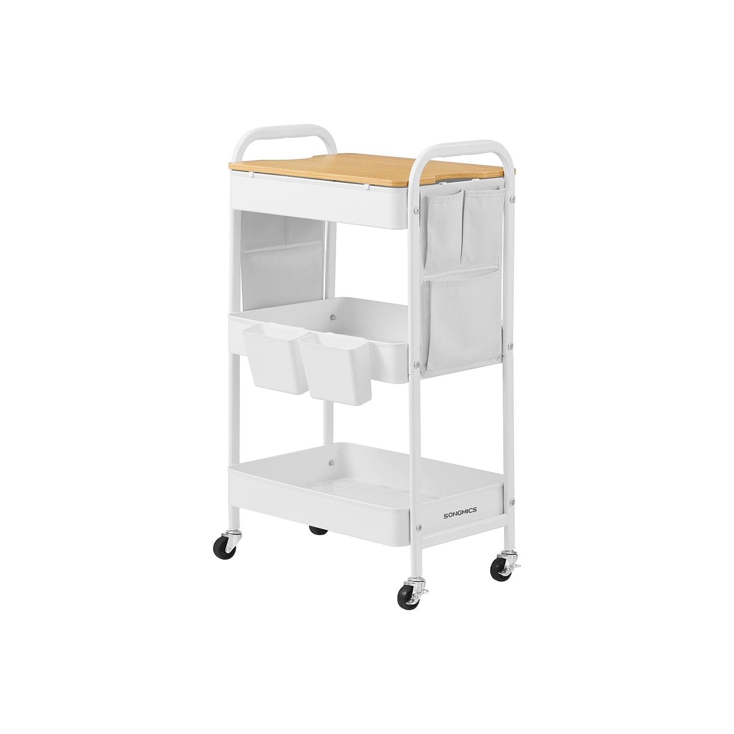 3-Tier Storage Trolley – Wood – Cloud White – Rolling Utility Cart with Table Top and Removable Hanging Cups