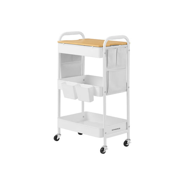 3-Tier Storage Trolley – Wood – Cloud White – Rolling Utility Cart with Table Top and Removable Hanging Cups