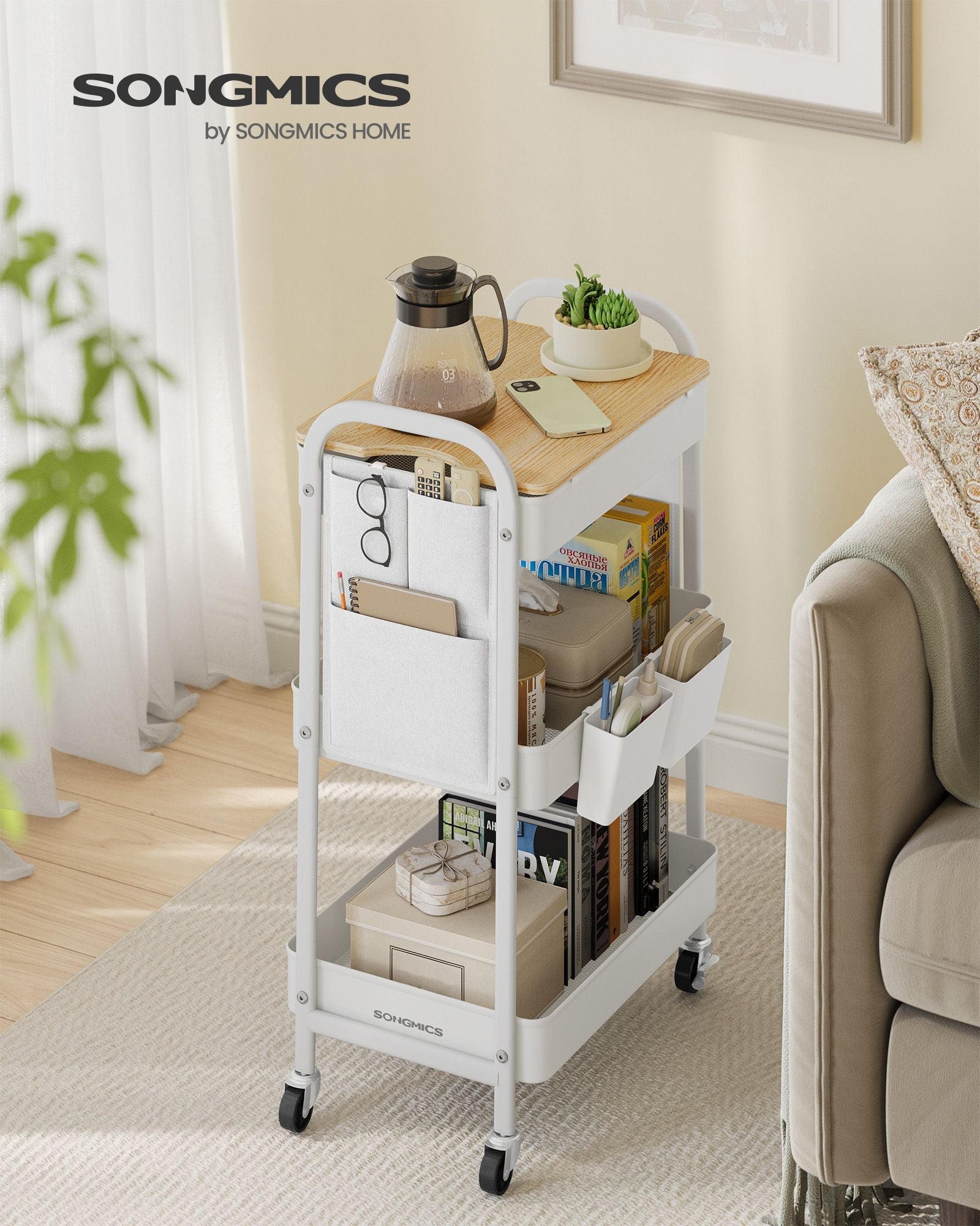3-Tier Storage Trolley – Wood – Cloud White – Rolling Utility Cart with Table Top and Removable Hanging Cups