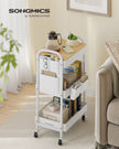 3-Tier Storage Trolley – Wood – Cloud White – Rolling Utility Cart with Table Top and Removable Hanging Cups