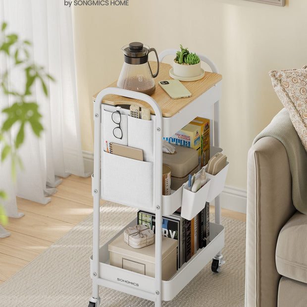 3-Tier Storage Trolley – Wood – Cloud White – Rolling Utility Cart with Table Top and Removable Hanging Cups