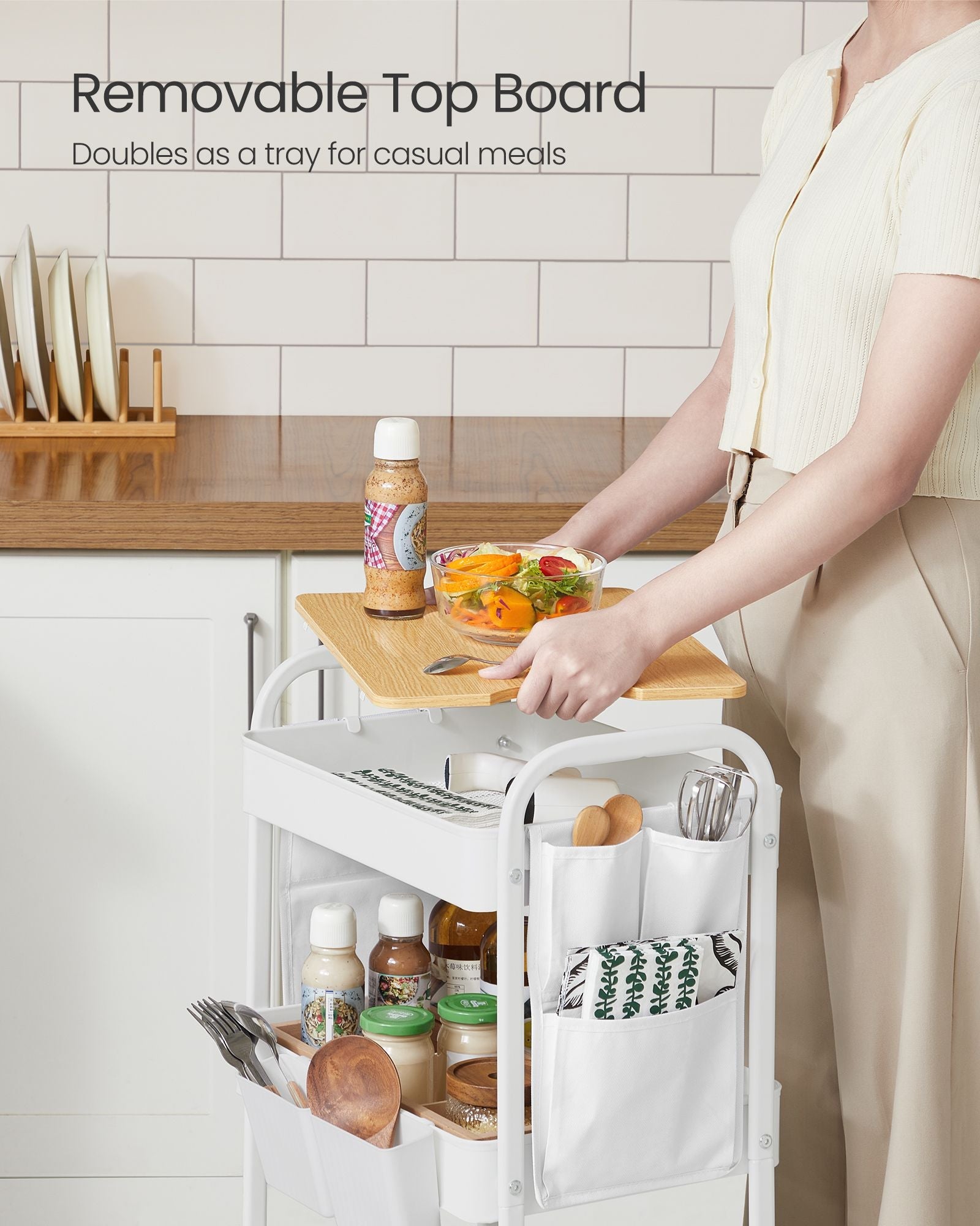 3-Tier Storage Trolley – Wood – Cloud White – Rolling Utility Cart with Table Top and Removable Hanging Cups
