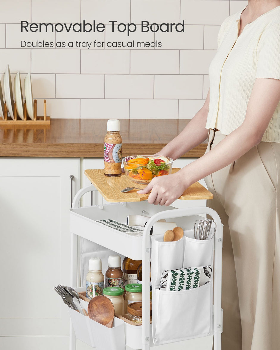 3-Tier Storage Trolley – Wood – Cloud White – Rolling Utility Cart with Table Top and Removable Hanging Cups