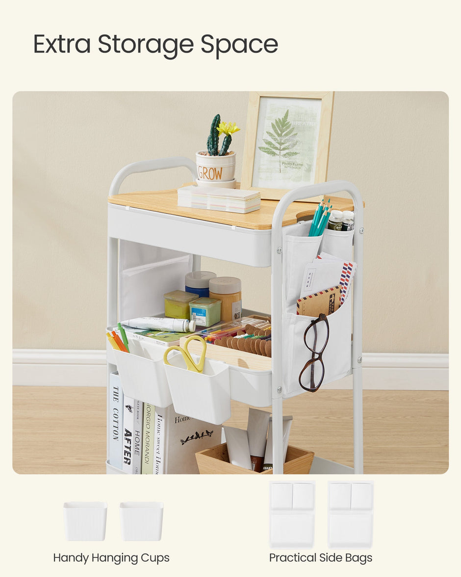 3-Tier Storage Trolley – Wood – Cloud White – Rolling Utility Cart with Table Top and Removable Hanging Cups