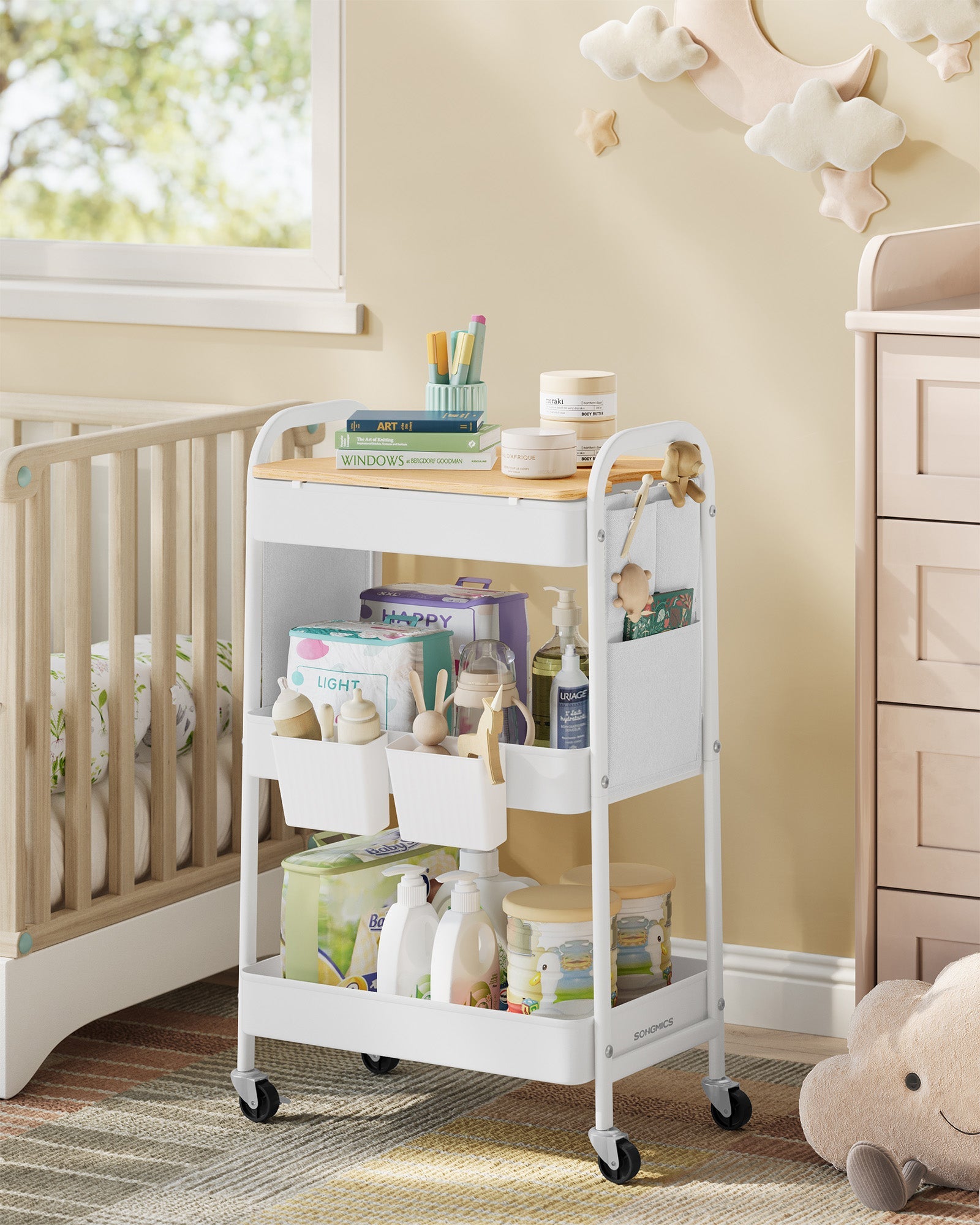 3-Tier Storage Trolley – Wood – Cloud White – Rolling Utility Cart with Table Top and Removable Hanging Cups