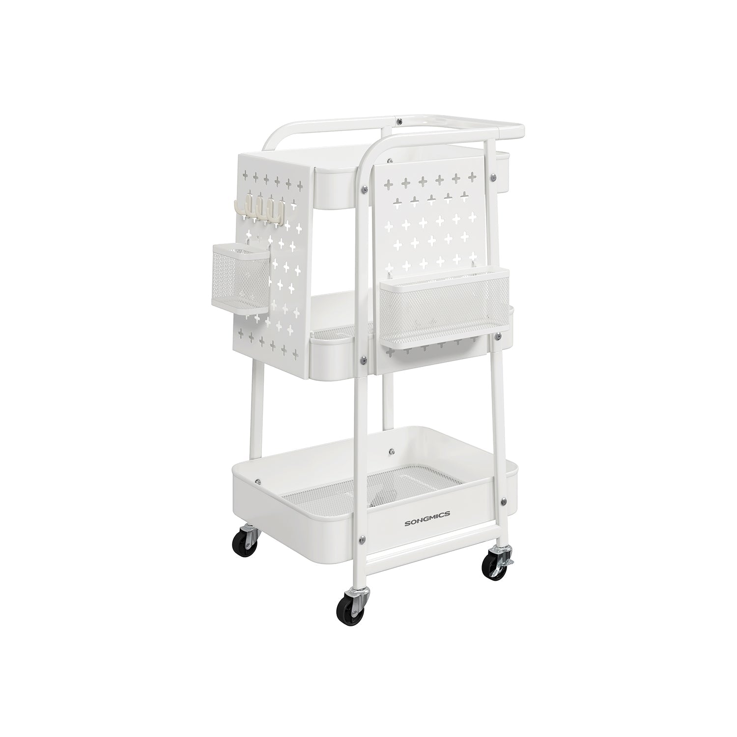 Storage Trolley – Metal Mesh – Cloud White – 3 Shelves with Removable Pegboards and Hooks