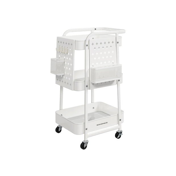 Storage Trolley – Metal Mesh – Cloud White – 3 Shelves with Removable Pegboards and Hooks
