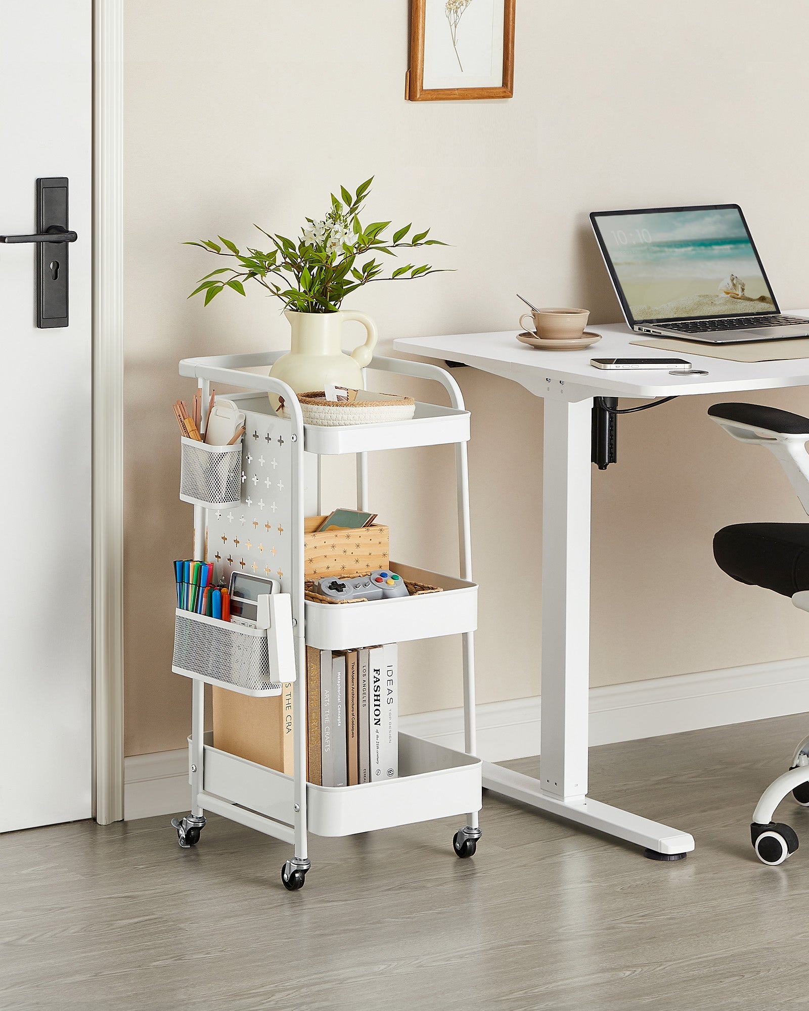 Storage Trolley – Metal Mesh – Cloud White – 3 Shelves with Removable Pegboards and Hooks