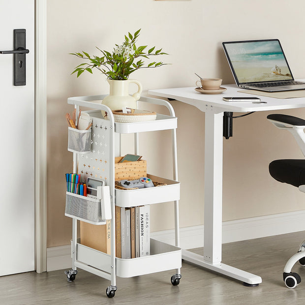 Storage Trolley – Metal Mesh – Cloud White – 3 Shelves with Removable Pegboards and Hooks