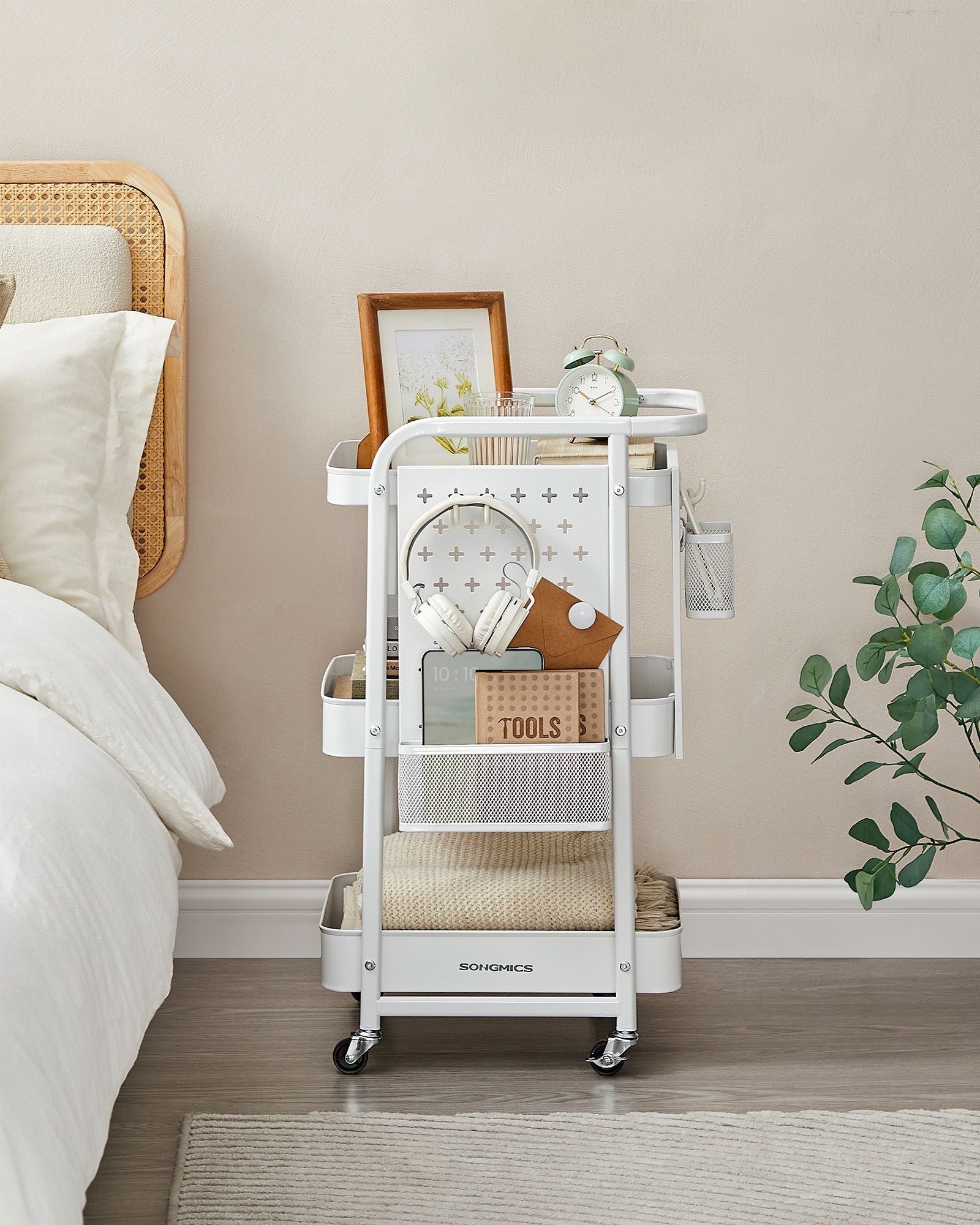 Storage Trolley – Metal Mesh – Cloud White – 3 Shelves with Removable Pegboards and Hooks