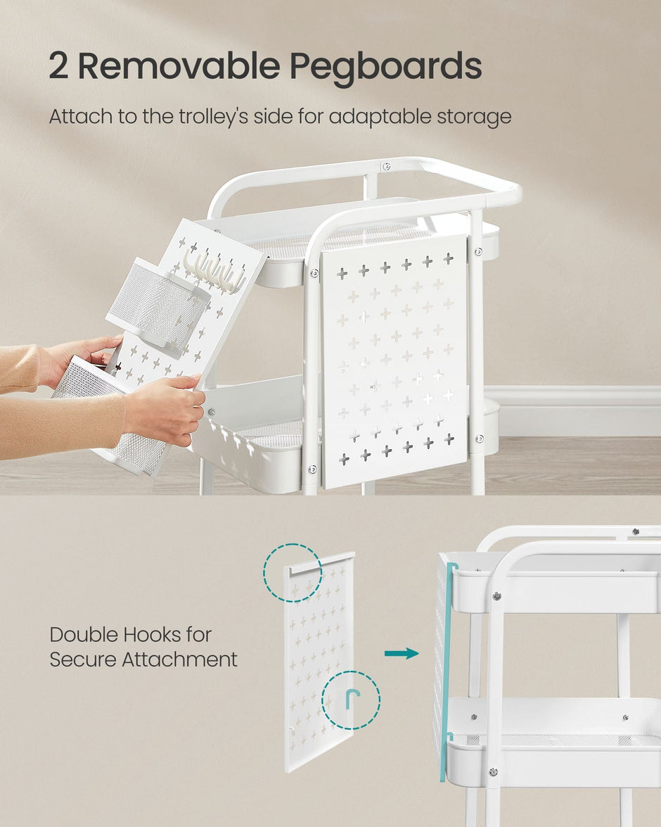 Storage Trolley – Metal Mesh – Cloud White – 3 Shelves with Removable Pegboards and Hooks