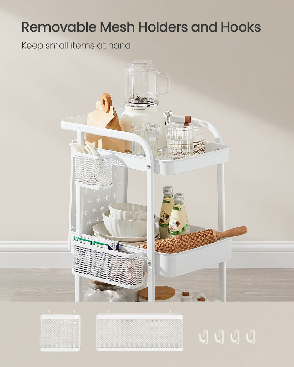 Storage Trolley – Metal Mesh – Cloud White – 3 Shelves with Removable Pegboards and Hooks