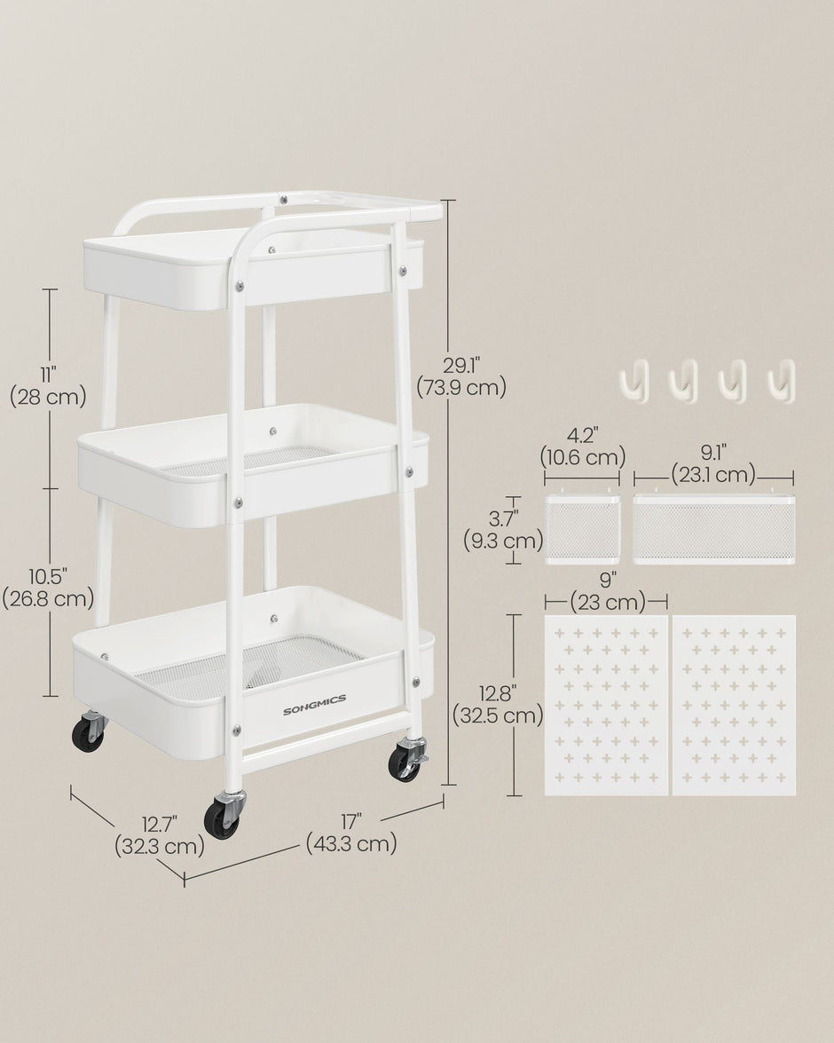 Storage Trolley – Metal Mesh – Cloud White – 3 Shelves with Removable Pegboards and Hooks