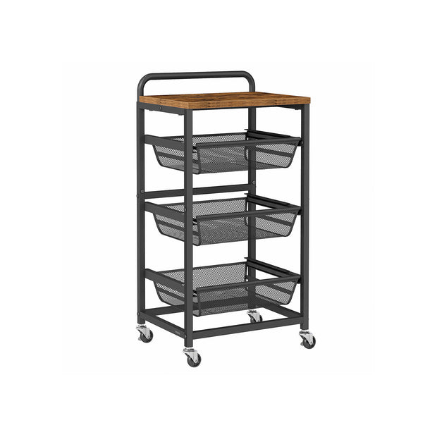 Storage Trolley – Metal and Wood – Rustic Brown and Ink Black – 4-Tier with Pull-Out Baskets and Wheels