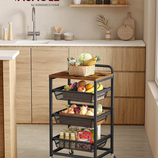 Storage Trolley – Metal and Wood – Rustic Brown and Ink Black – 4-Tier with Pull-Out Baskets and Wheels