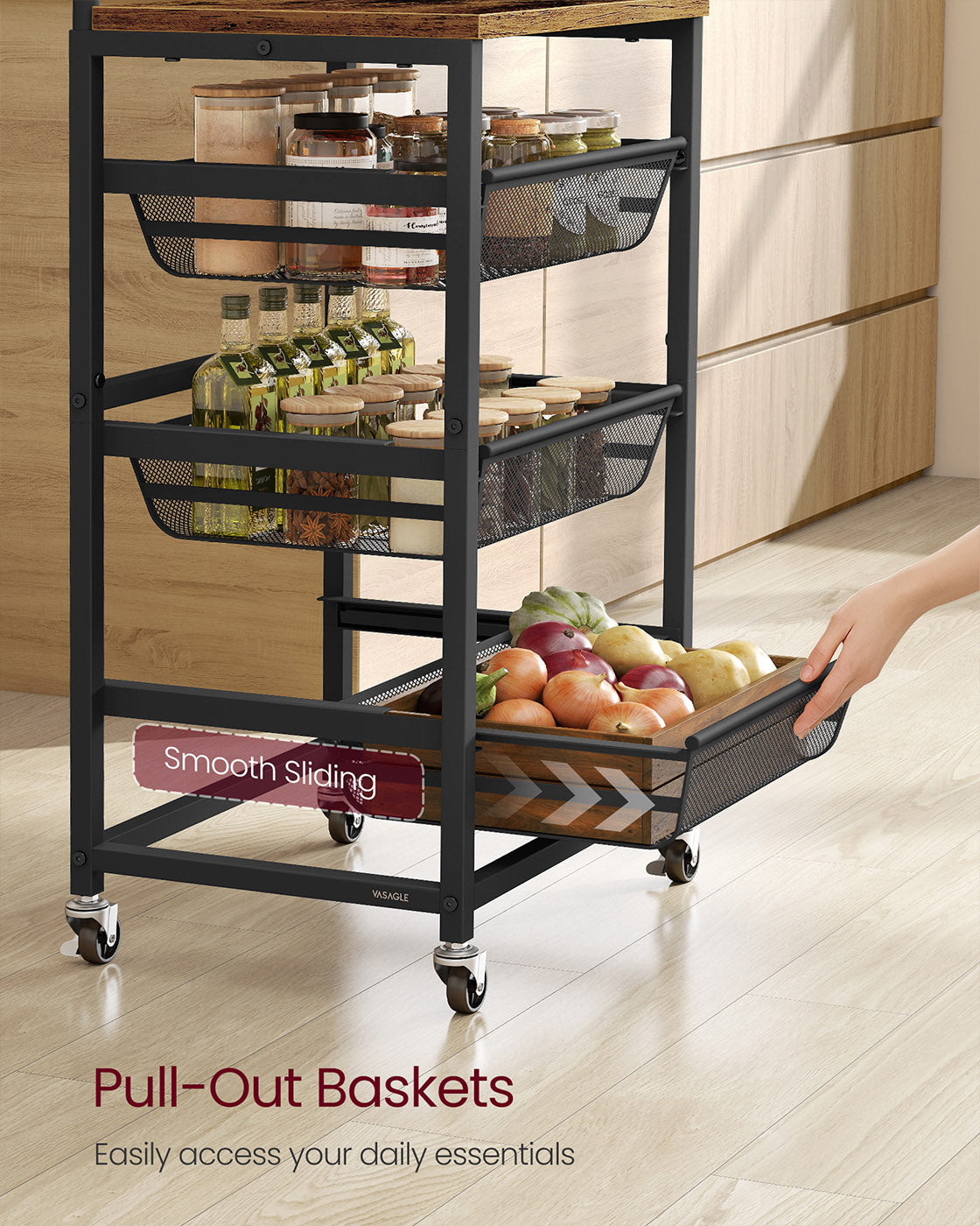 Storage Trolley – Metal and Wood – Rustic Brown and Ink Black – 4-Tier with Pull-Out Baskets and Wheels
