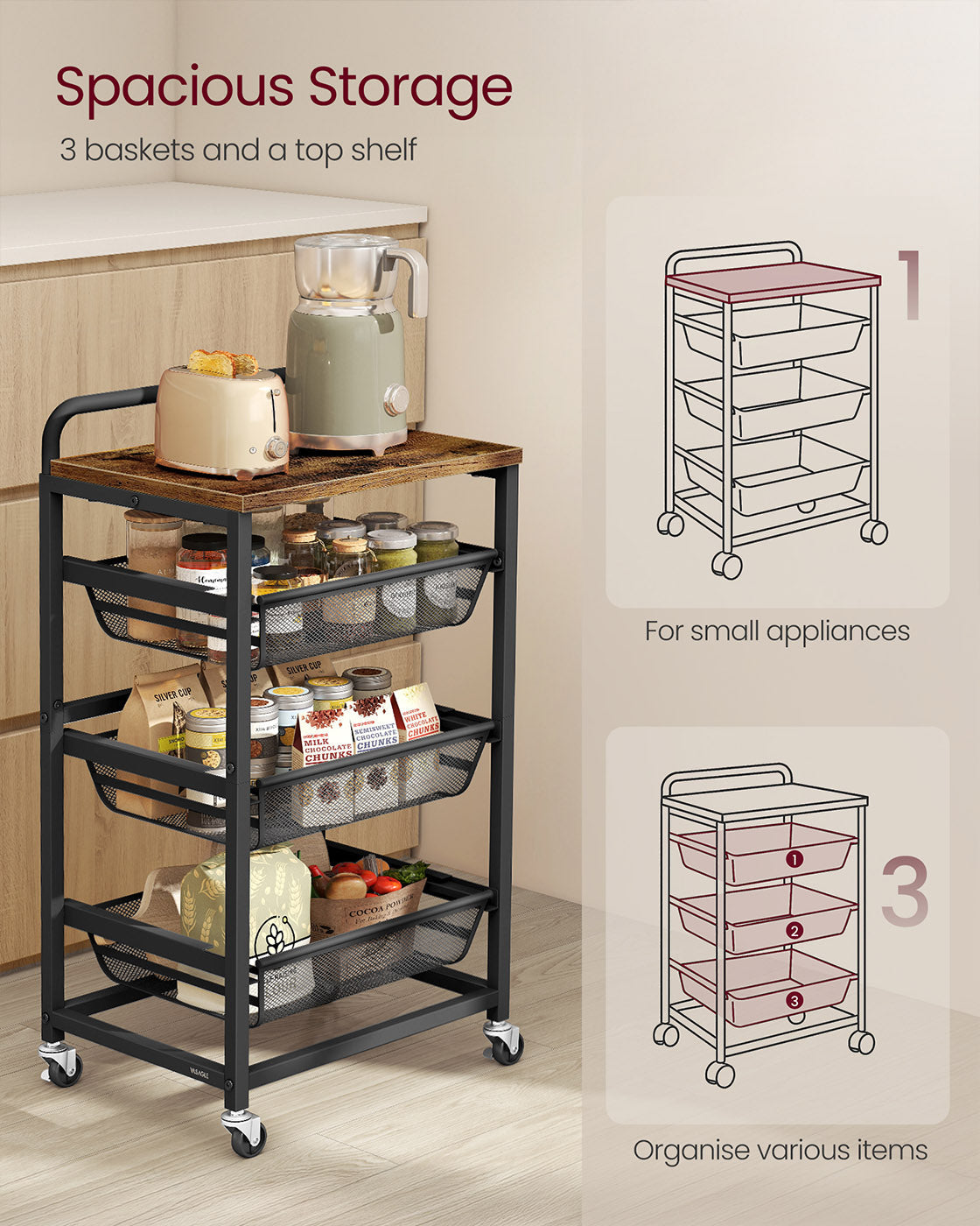 Storage Trolley – Metal and Wood – Rustic Brown and Ink Black – 4-Tier with Pull-Out Baskets and Wheels