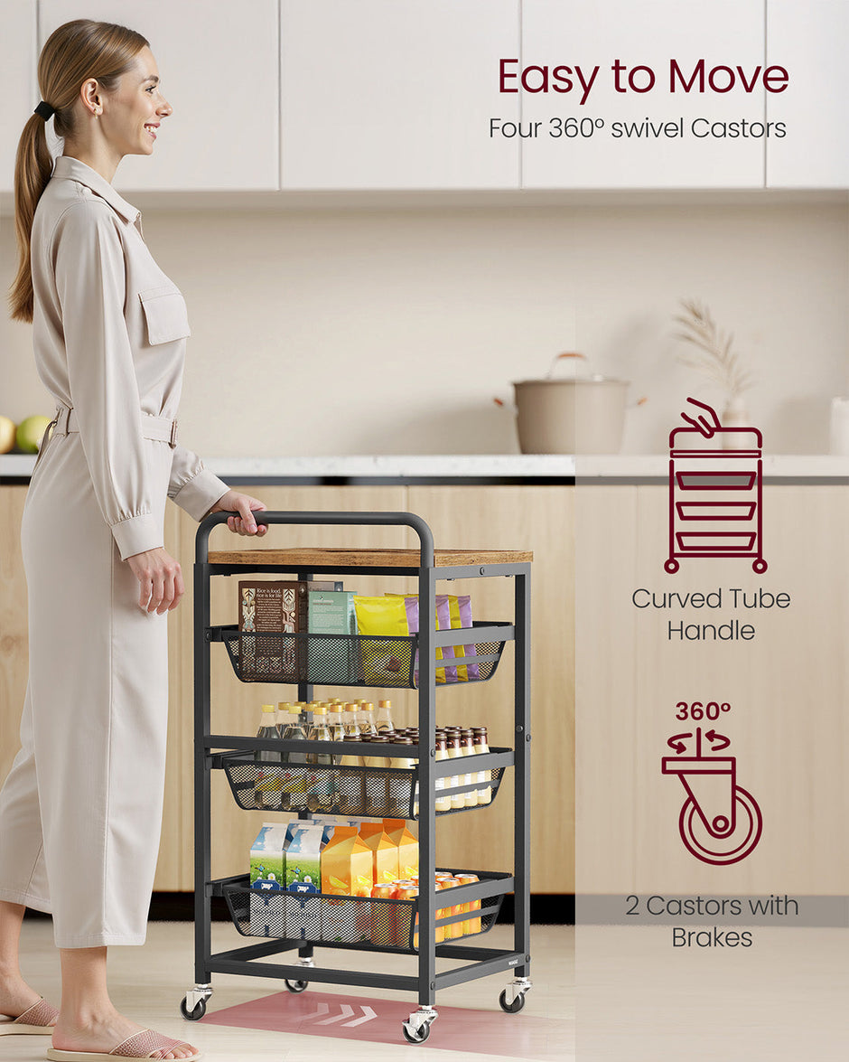 Storage Trolley – Metal and Wood – Rustic Brown and Ink Black – 4-Tier with Pull-Out Baskets and Wheels