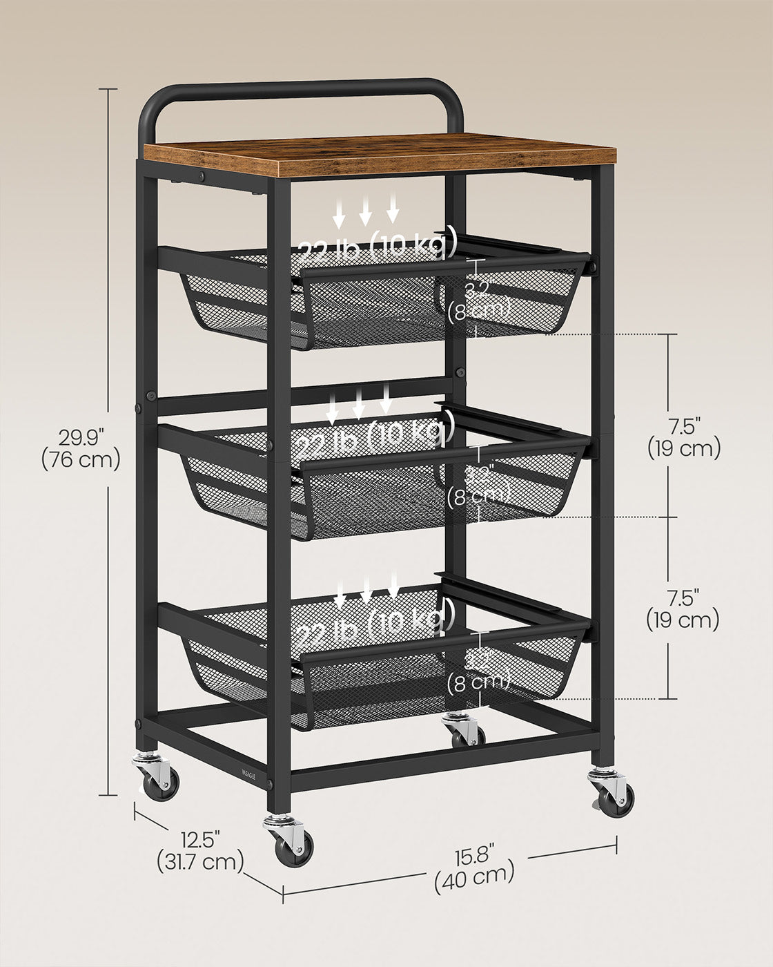 Storage Trolley – Metal and Wood – Rustic Brown and Ink Black – 4-Tier with Pull-Out Baskets and Wheels