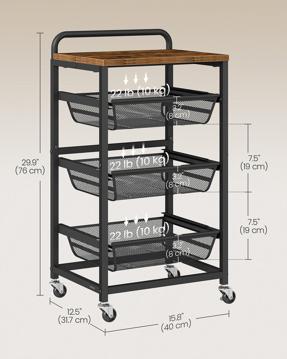 Storage Trolley – Metal and Wood – Rustic Brown and Ink Black – 4-Tier with Pull-Out Baskets and Wheels