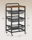 Storage Trolley – Metal and Wood – Rustic Brown and Ink Black – 4-Tier with Pull-Out Baskets and Wheels