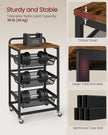 Storage Trolley – Metal and Wood – Rustic Brown and Ink Black – 4-Tier with Pull-Out Baskets and Wheels