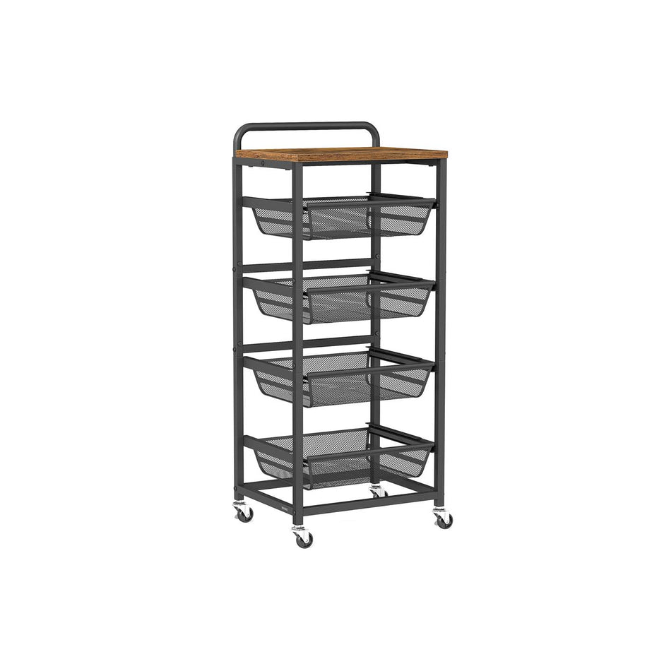 Storage Trolley – Metal and Wood – Rustic Brown and Ink Black – 4-Tier with Pull-Out Baskets and Wheels
