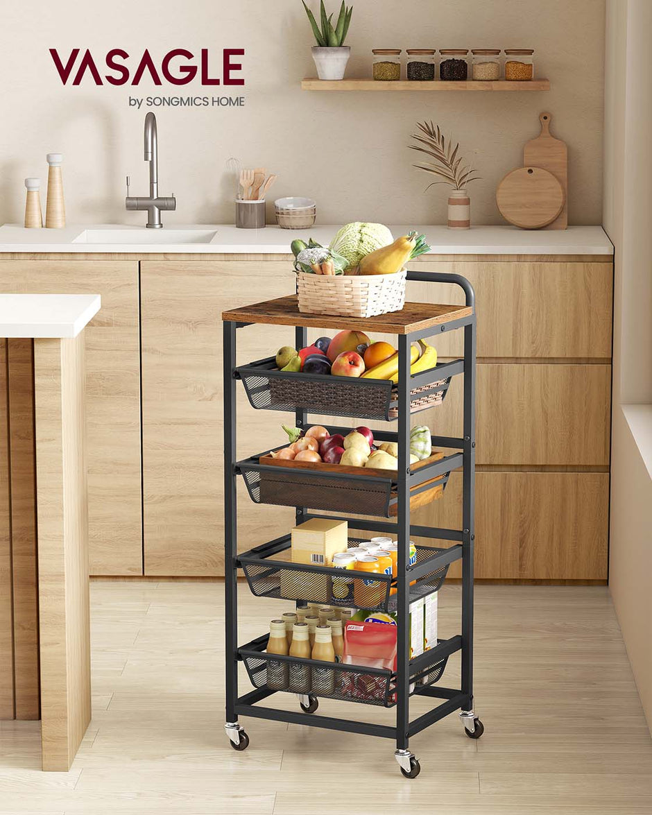 Storage Trolley – Metal and Wood – Rustic Brown and Ink Black – 4-Tier with Pull-Out Baskets and Wheels