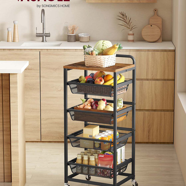 Storage Trolley – Metal and Wood – Rustic Brown and Ink Black – 4-Tier with Pull-Out Baskets and Wheels