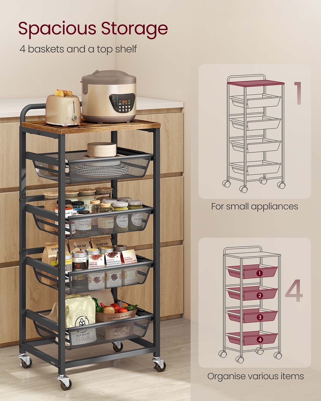 Storage Trolley – Metal and Wood – Rustic Brown and Ink Black – 4-Tier with Pull-Out Baskets and Wheels